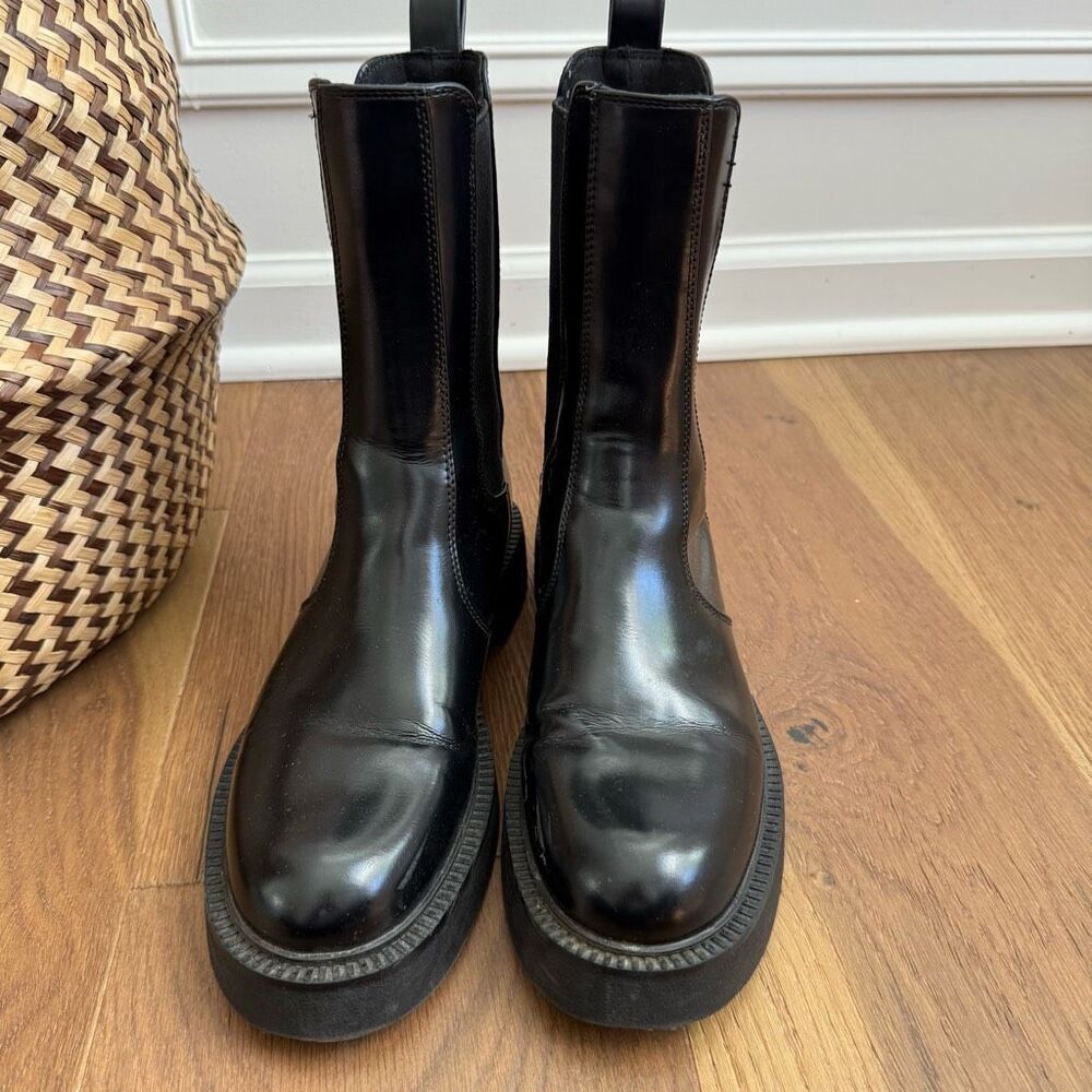 Zara Faux Patent Leather Chelsea Boots Black Block Heel 38 7.5 - Picture 3 of 10